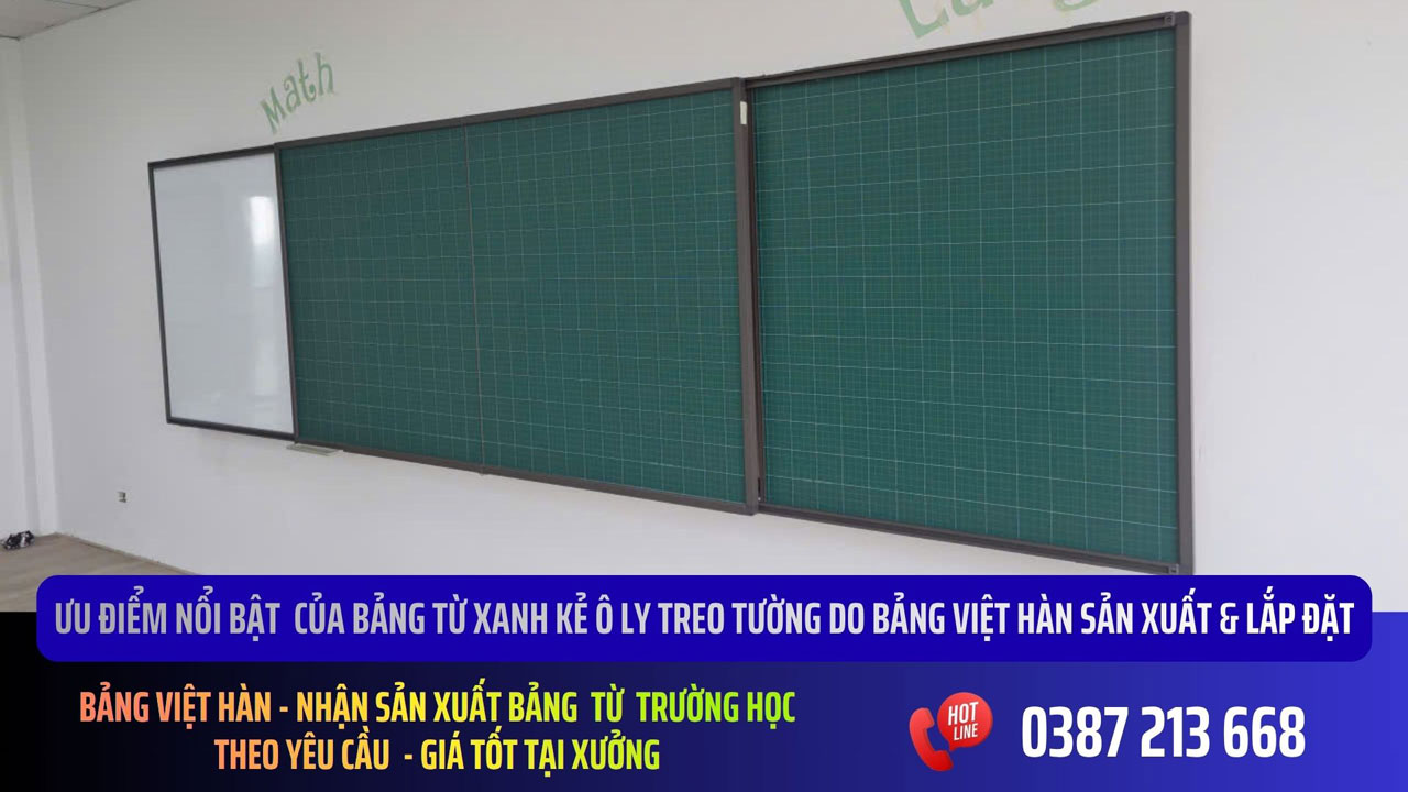 Bảng từ xanh kẻ ô ly treo tường tiểu học