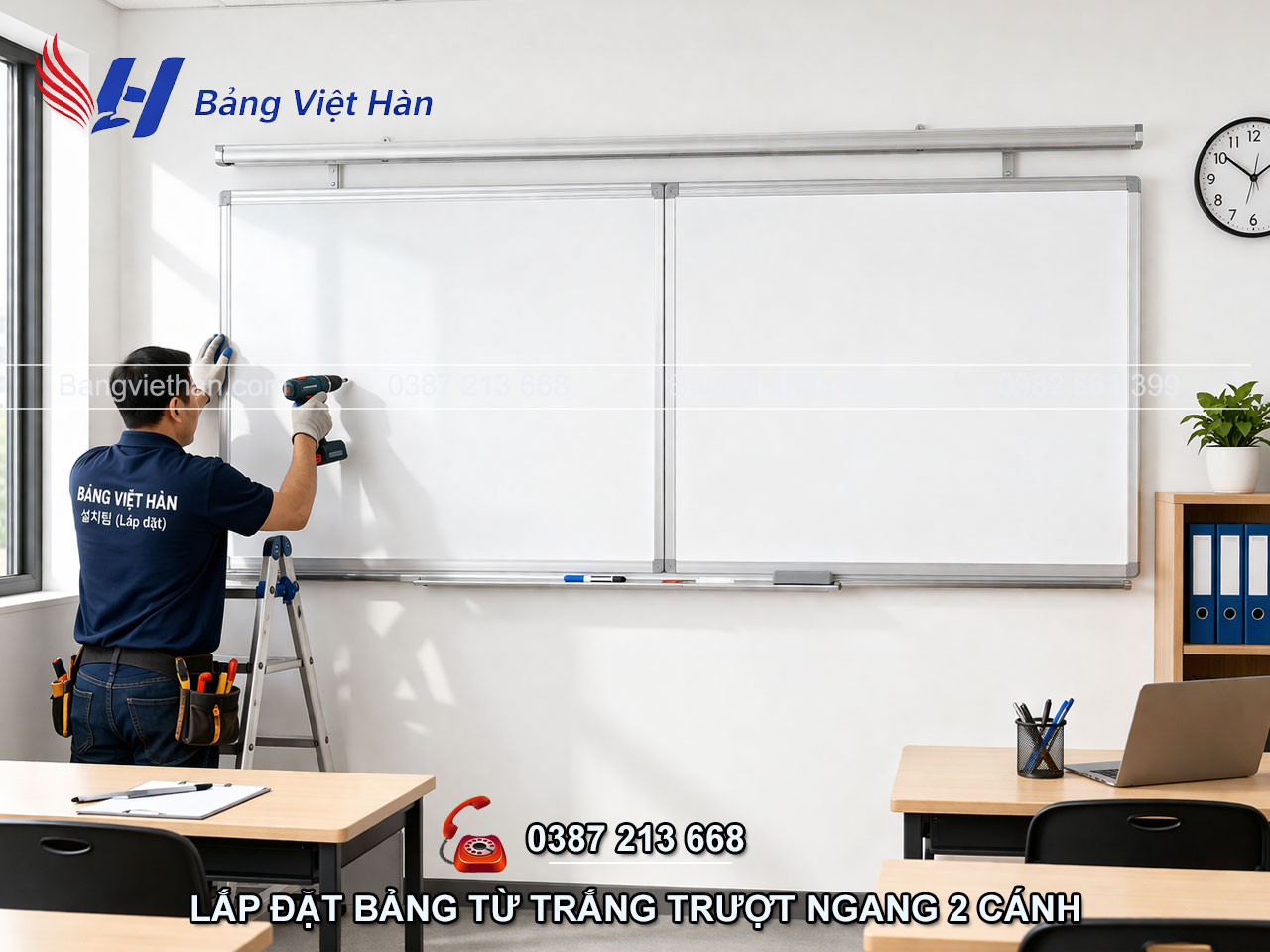 Lắp Đặt Bảng Từ Trắng Trượt Ngang 2 Cánh